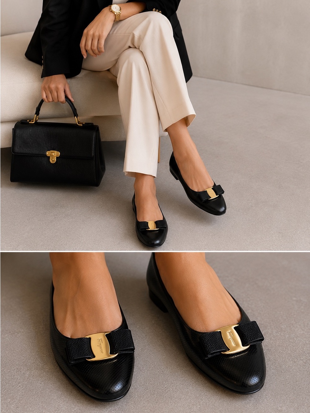 Salvatore Ferragamo Black Vara Bow Leather Flats with Gold Accent